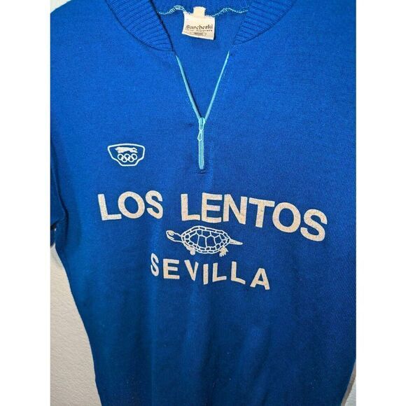 Vtg Sancheski Cycling Jersey Sz Small Blue 1/4 Zip Wool Hole at Shoulder Seam - Picture 10 of 13